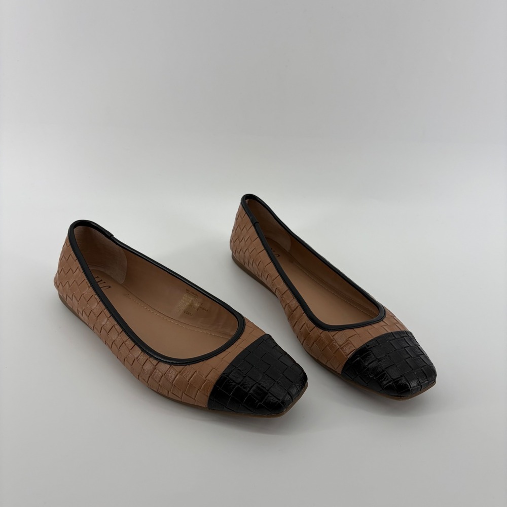 INC International Concepts Jenaya Woven Square Toe Ballet Flats Tan Black 9.5M‎